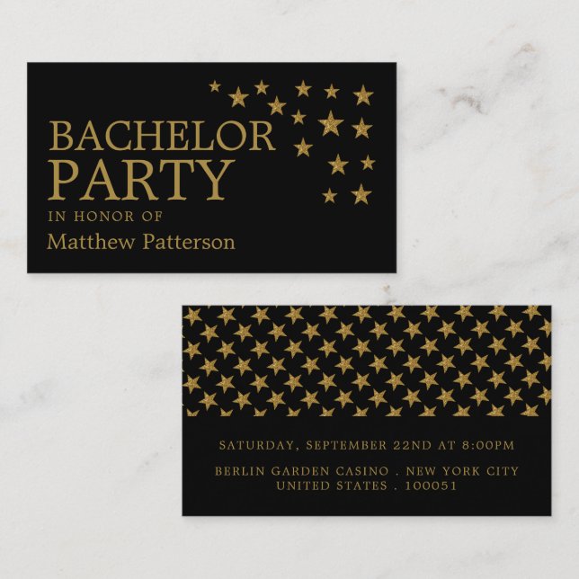 Gold Glitter Stars, Bachelor Party Ticket Invite (Front/Back)