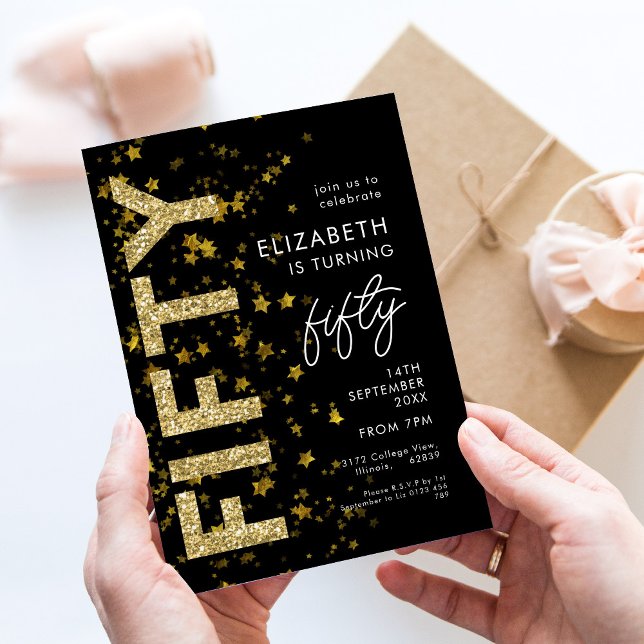 Gold Glitter Stars Black Fifty Birthday Party  Invitation (Creator Uploaded)