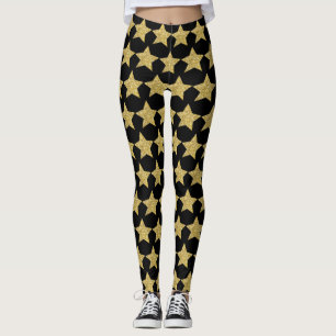 Gold Glitter Stars Black Leggings
