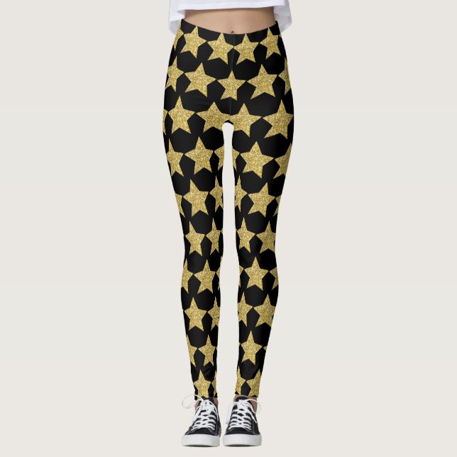 Gold Glitter Stars Black Leggings (Front)