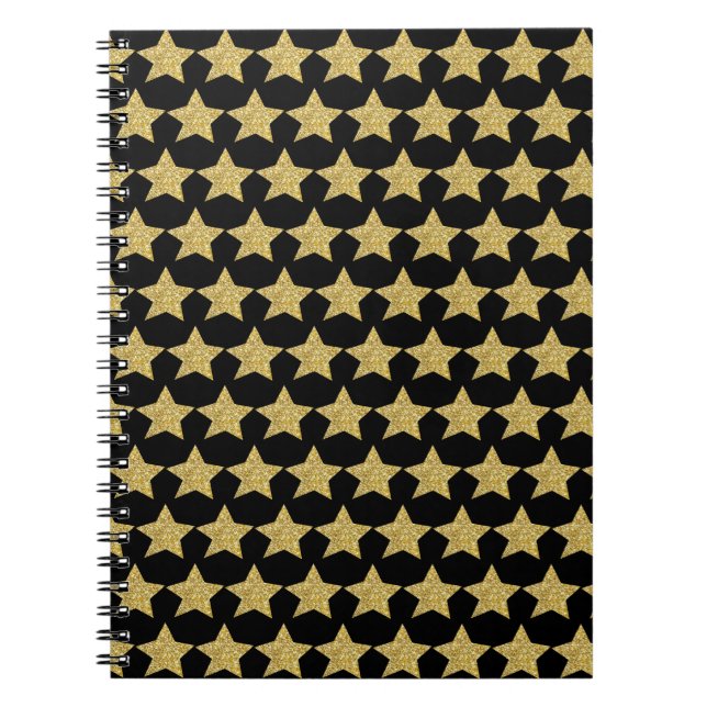 Gold Glitter Stars Black Notebook (Front)