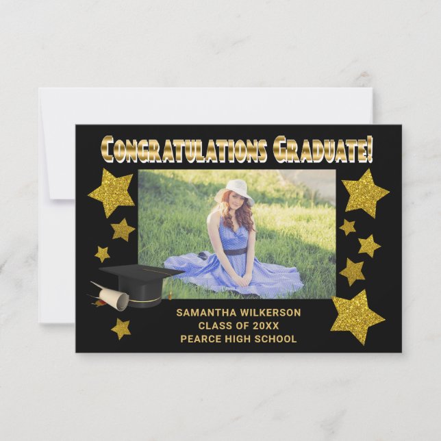 Gold Glitter Stars Congratulations Graduate Photo  Card (Front)