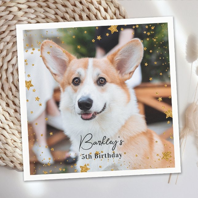 Gold Glitter Stars Custom Photo Pet Dog Birthday Napkin (Creator Uploaded)