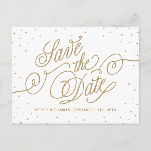 Gold Glitter Stars Fancy Save the Date Postcard (Front)