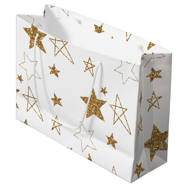 Gold Glitter Stars Large Gift Bag (Front Angled)