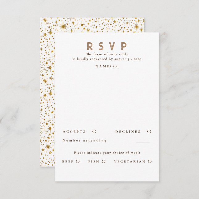 Gold Glitter Stars Modern Wedding RSVP (Front/Back)