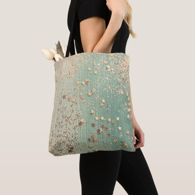 Gold Glitter Stars on Green Burlap Tote Bag (Close Up)