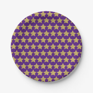Gold Glitter Stars Purple Paper Plate