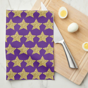Gold Glitter Stars Purple Tea Towel
