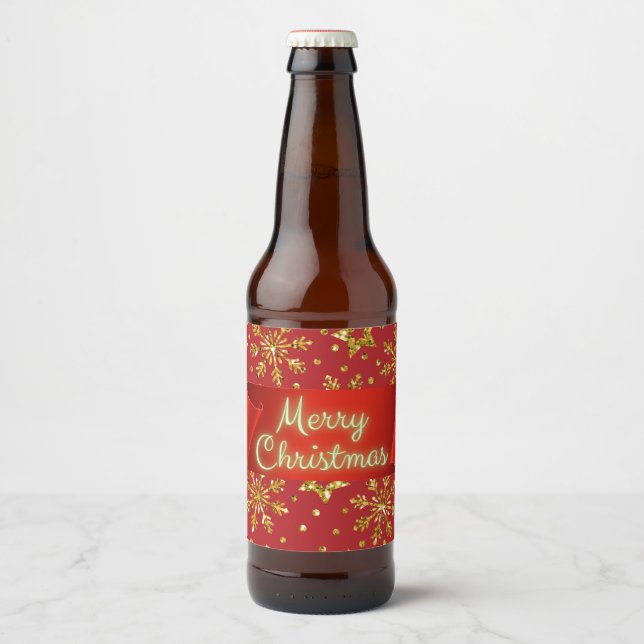 Gold Glitter Stars & Snowflakes Beer Bottle Label (Front)