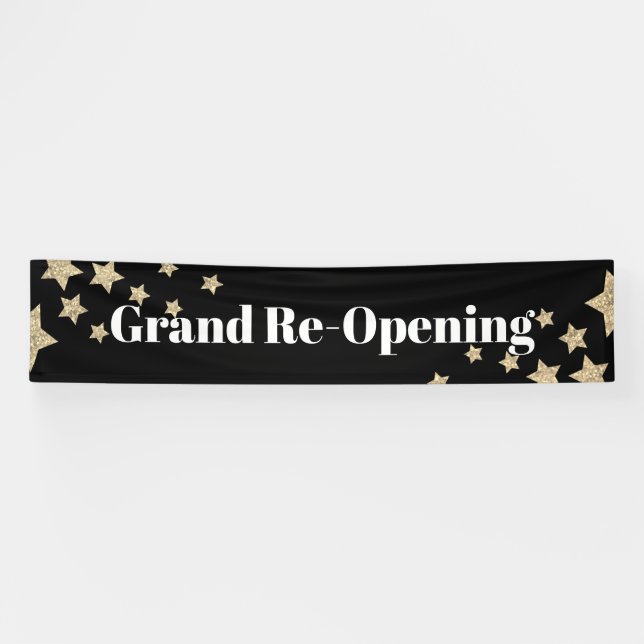 Gold Glitter Stars Sparkle Grand Re-opening Black Banner (Horizontal)