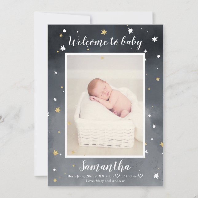 Gold glitter stars watercolor photo baby birth announcement (Front)