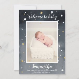 Gold glitter stars watercolor photo baby birth announcement