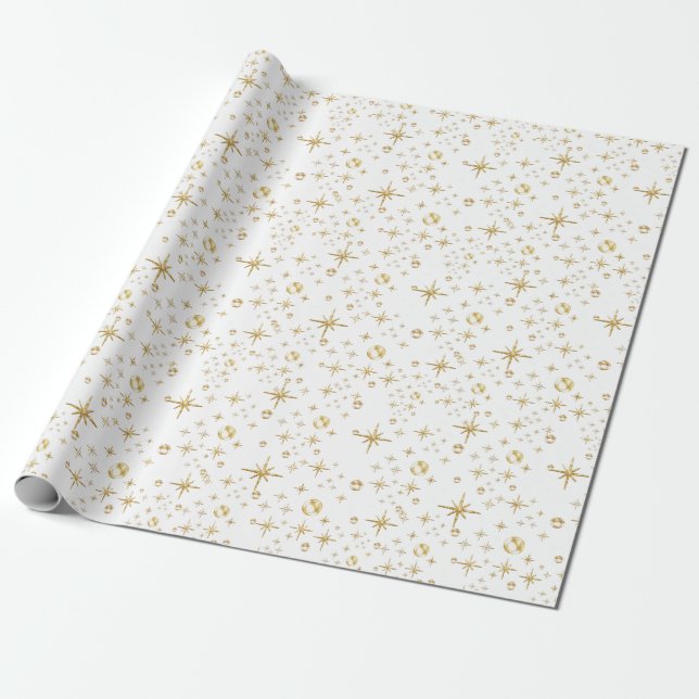 Gold glitter stars, white and gold wrapping paper (Unrolled)