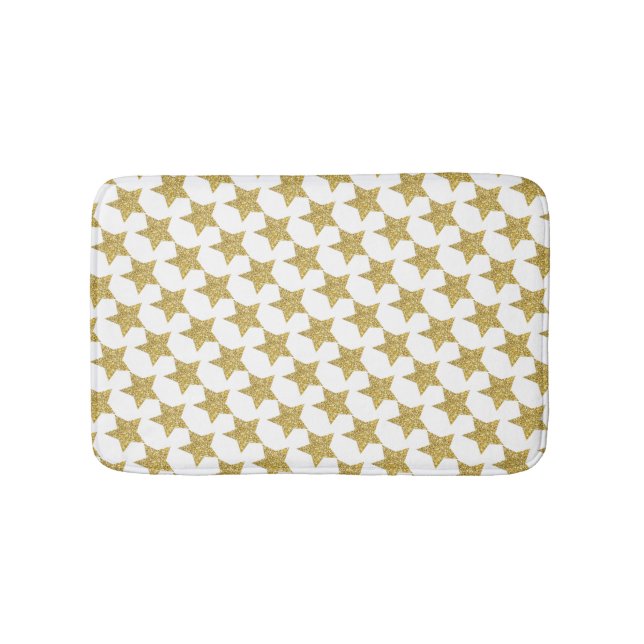 Gold Glitter Stars White Bath Mat (Front)