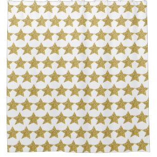 Gold Glitter Stars White Shower Curtain