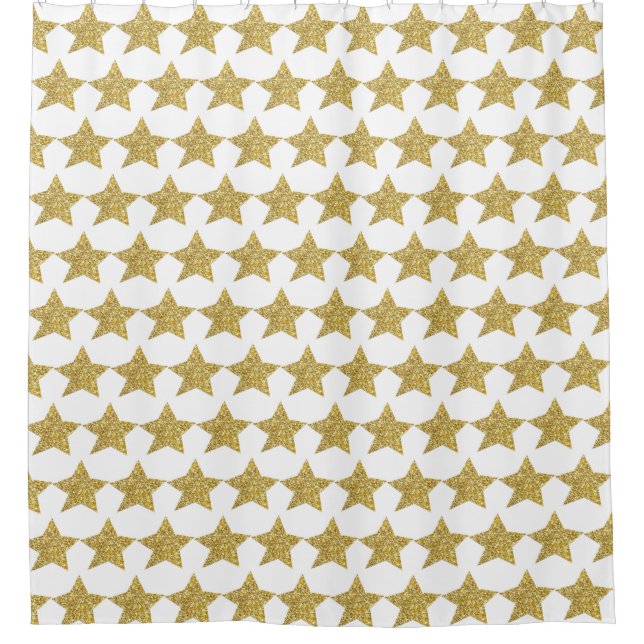 Gold Glitter Stars White Shower Curtain (Front)