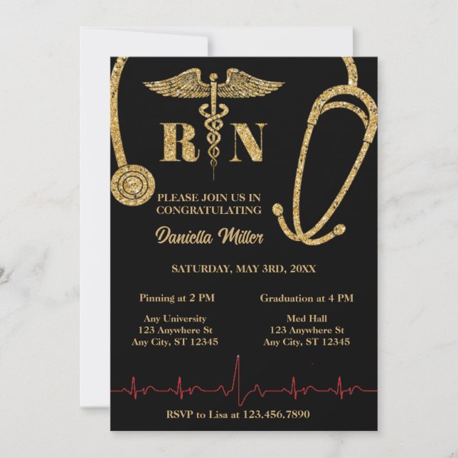 Gold Glitter Stethoscope RN Caduceus Graduation Invitation (Front)