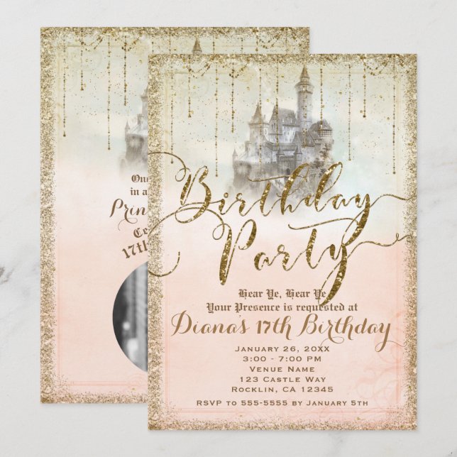 Gold Glitter Storybook Castle Birthday Party Photo Invitation (Front/Back)