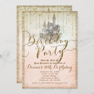 Gold Glitter Storybook Castle Birthday Party Photo Invitation
