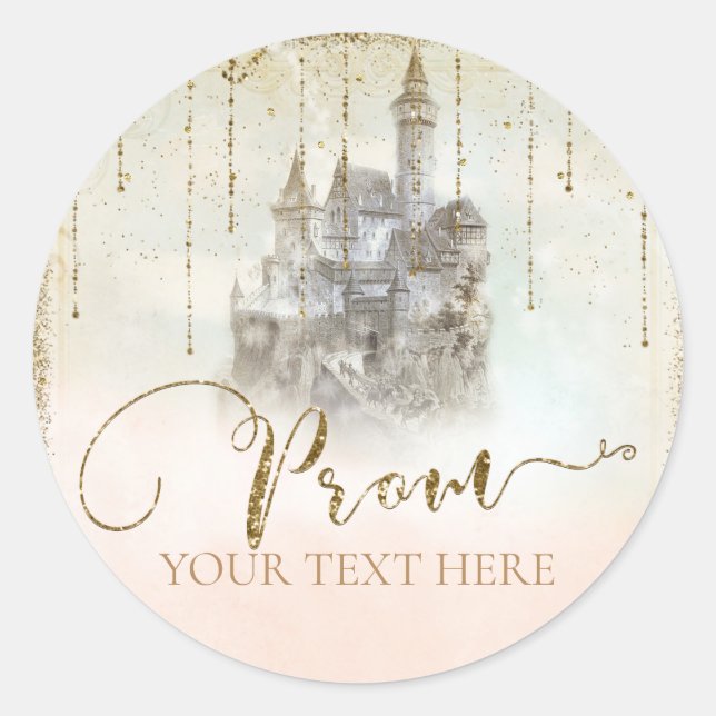 Gold Glitter Storybook Castle Senior Prom Classic Round Sticker (Front)