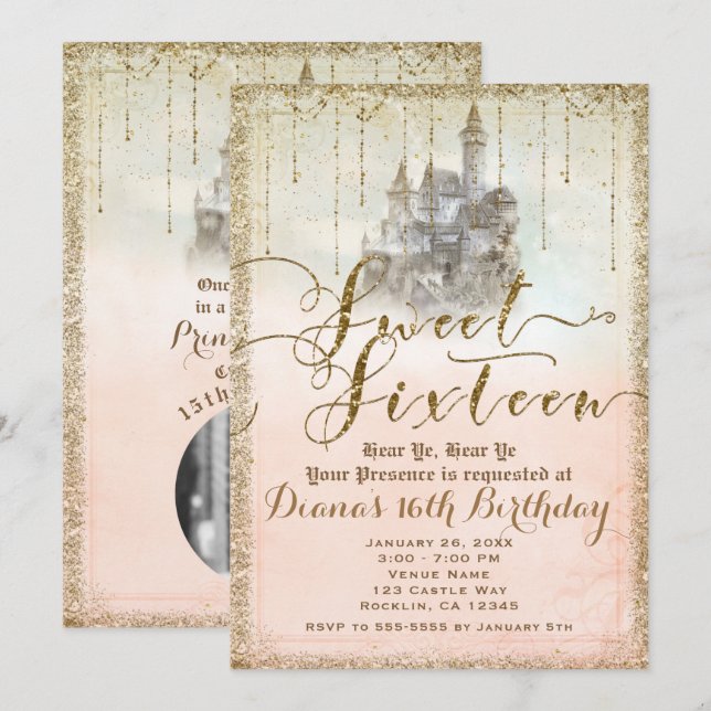 Gold Glitter Storybook Castle Sweet 16 Photo Party Invitation (Front/Back)