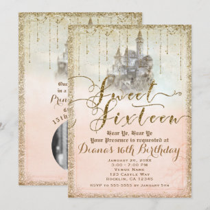 Gold Glitter Storybook Castle Sweet 16 Photo Party Invitation