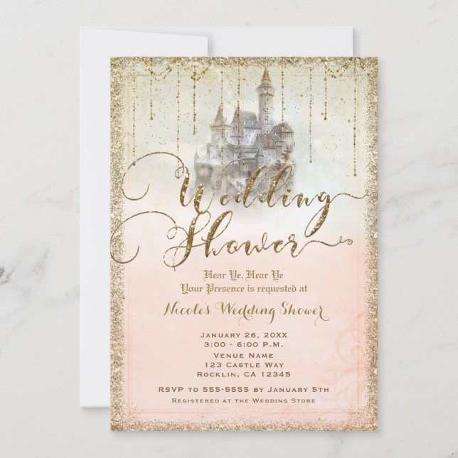Gold Glitter Storybook Castle Wedding Shower Invitation (Front)