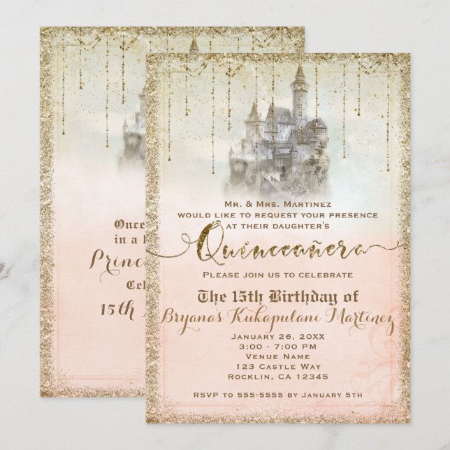 Gold Glitter Storybook Tale Castle 15 Quinceañera Invitation (Front/Back)