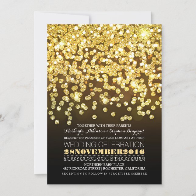 gold glitter string lights glam wedding invitation (Front)