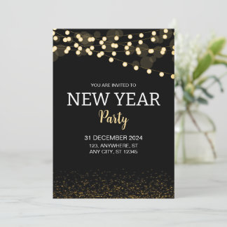 Gold Glitter String Lights New Year's Eve Party Invitation