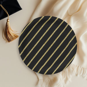 Gold Glitter Stripe Pattern On Black Paper Plate