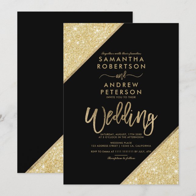 Gold glitter stripe typography chic black wedding invitation (Front/Back)