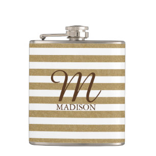 Gold Glitter Striped Flask With Monogram