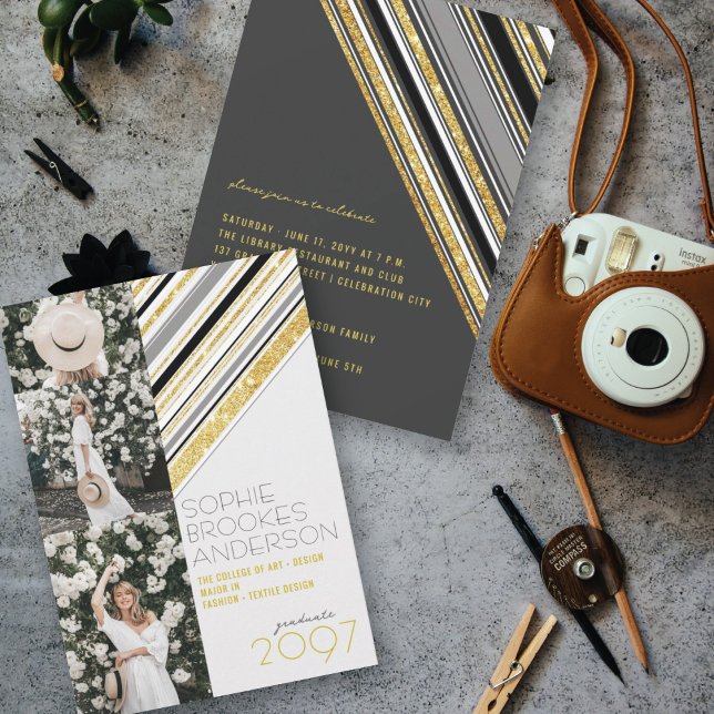 Gold Glitter Stripes 3 Photo Chic Graduation Party Invitation (Creator Uploaded)