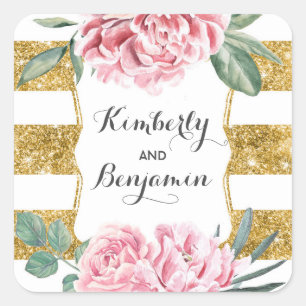Gold Glitter Stripes and Pink Flowers Vintage Chic Square Sticker
