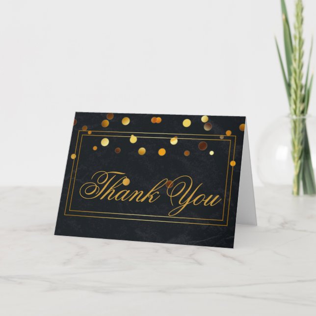 Gold Glitter Stripes Border Black Thank You Card (Front)