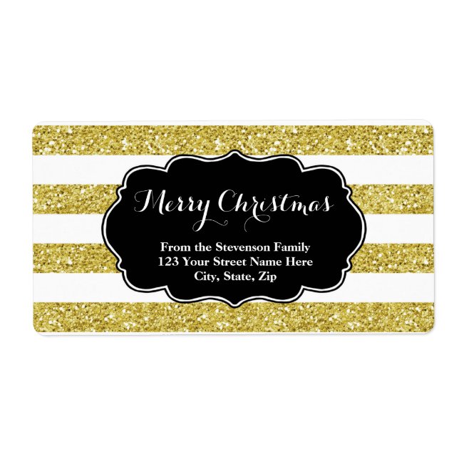 Gold Glitter Stripes Christmas Address Label (Front)