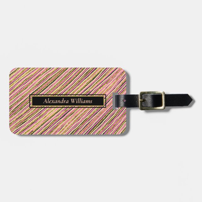 Gold Glitter Stripes Elegant Personalised Luggage Tag (Front Horizontal)