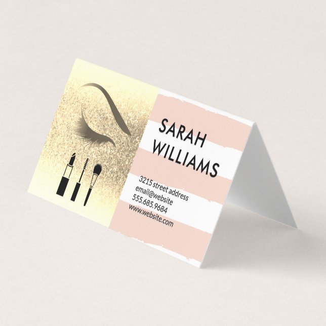 Gold Glitter | Stripes | Eye Lash Beauty Business Card (Front)