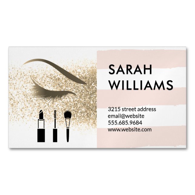 Gold Glitter | Stripes | Eye Lash Beauty Magnetic Business Card (Front)