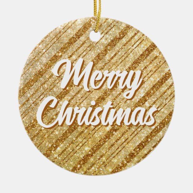 Gold Glitter Stripes Merry Christmas Couple Photo Ceramic Tree Decoration (Front)