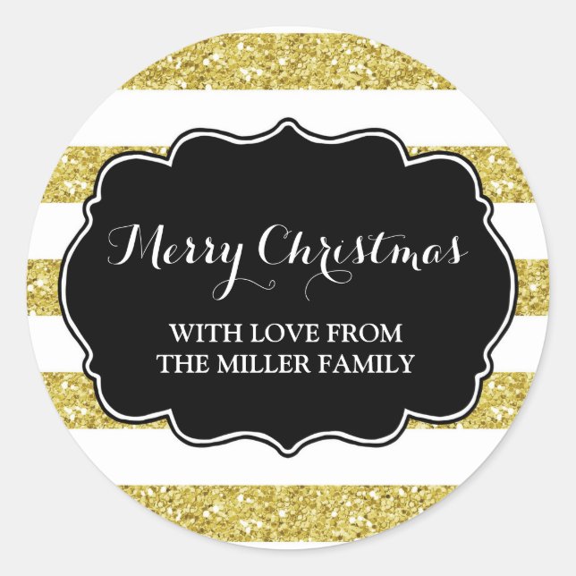Gold Glitter Stripes Merry Christmas Custom Classic Round Sticker (Front)
