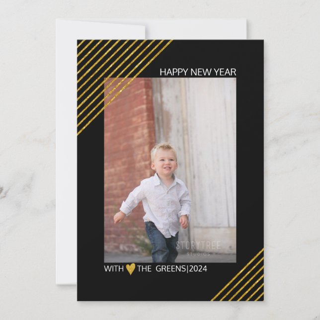 Gold glitter stripes New Year trendy black photo Holiday Card (Front)