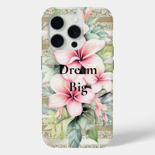 Gold Glitter Stripes Pink Hibiscus Flowers iPhone 15 Pro Case