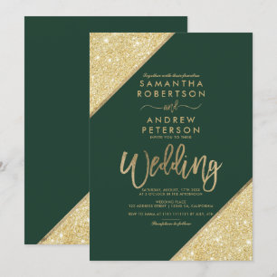 Gold glitter stripes typography dark green wedding invitation