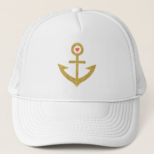 Gold Glitter Stylised Nautical Boat Anchor Trucker Hat (Front)