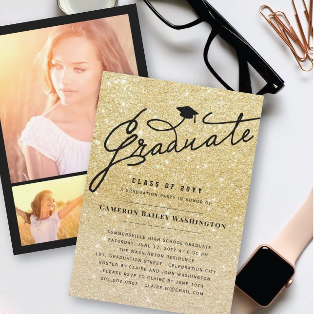 Gold Glitter Stylish Graduate Graduation Party Invitation (Creator Uploaded)