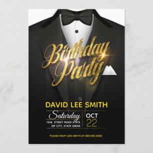 Gold Glitter Suit Birthday Party Invitation