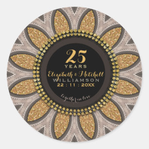 Gold Glitter Sunflower Modern 25th Anniversary Pla Classic Round Sticker